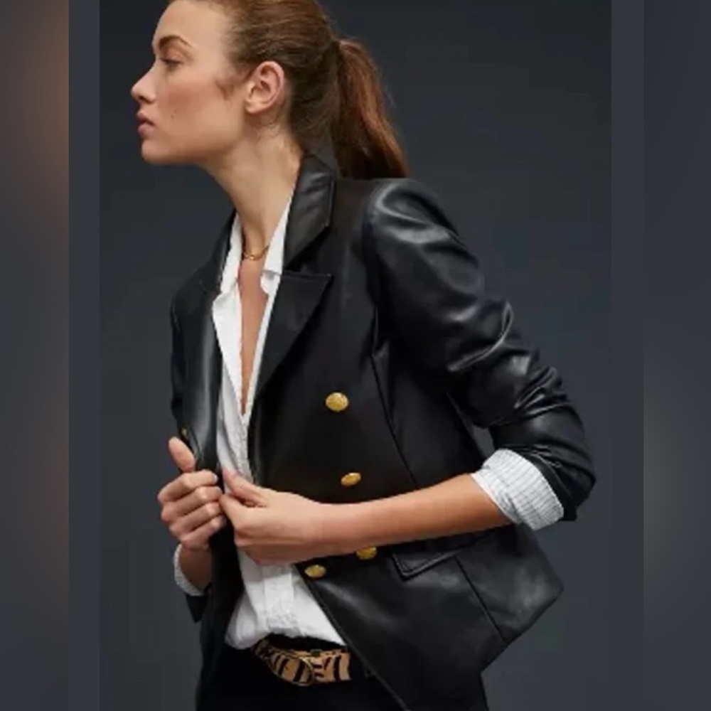 Anthropologie Nico Faux Leather Blazer Button Closure Cuffs Lining PocketsBlack